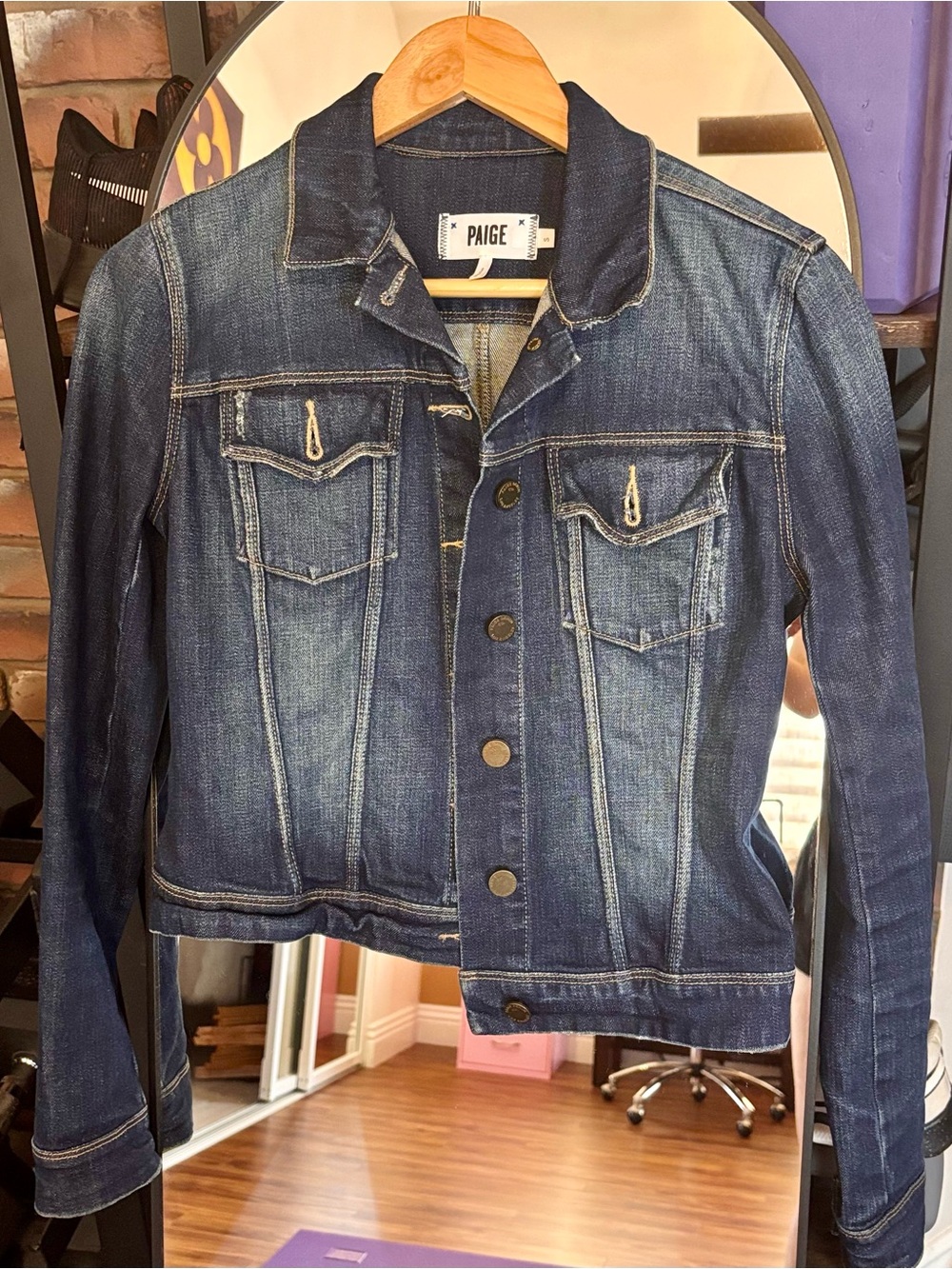 PAIGE Dark Indigo Blue Denim Jacket with Faded Accents